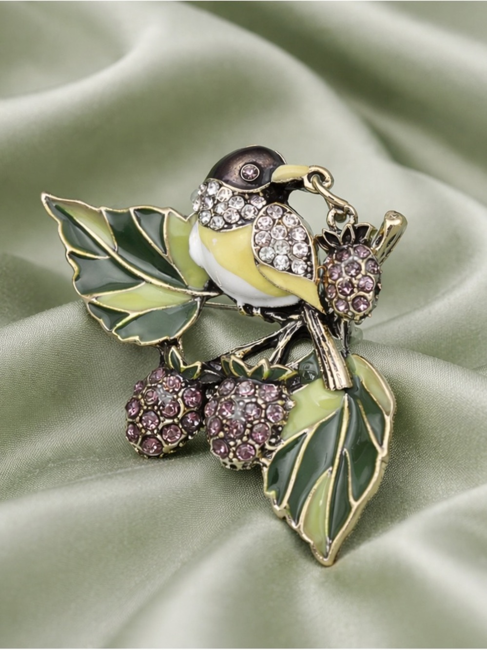 Vintage Crystal Bird Brooch with Enamel Leaves & Berries –Elegant Nature Jewelry